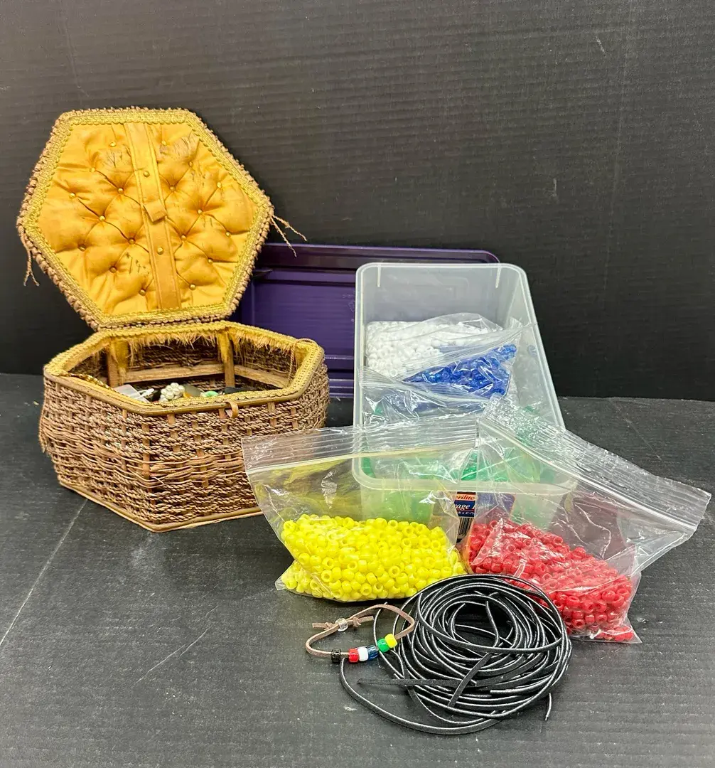 Beads, Buttons & Leather in Wicker Sewing Basket