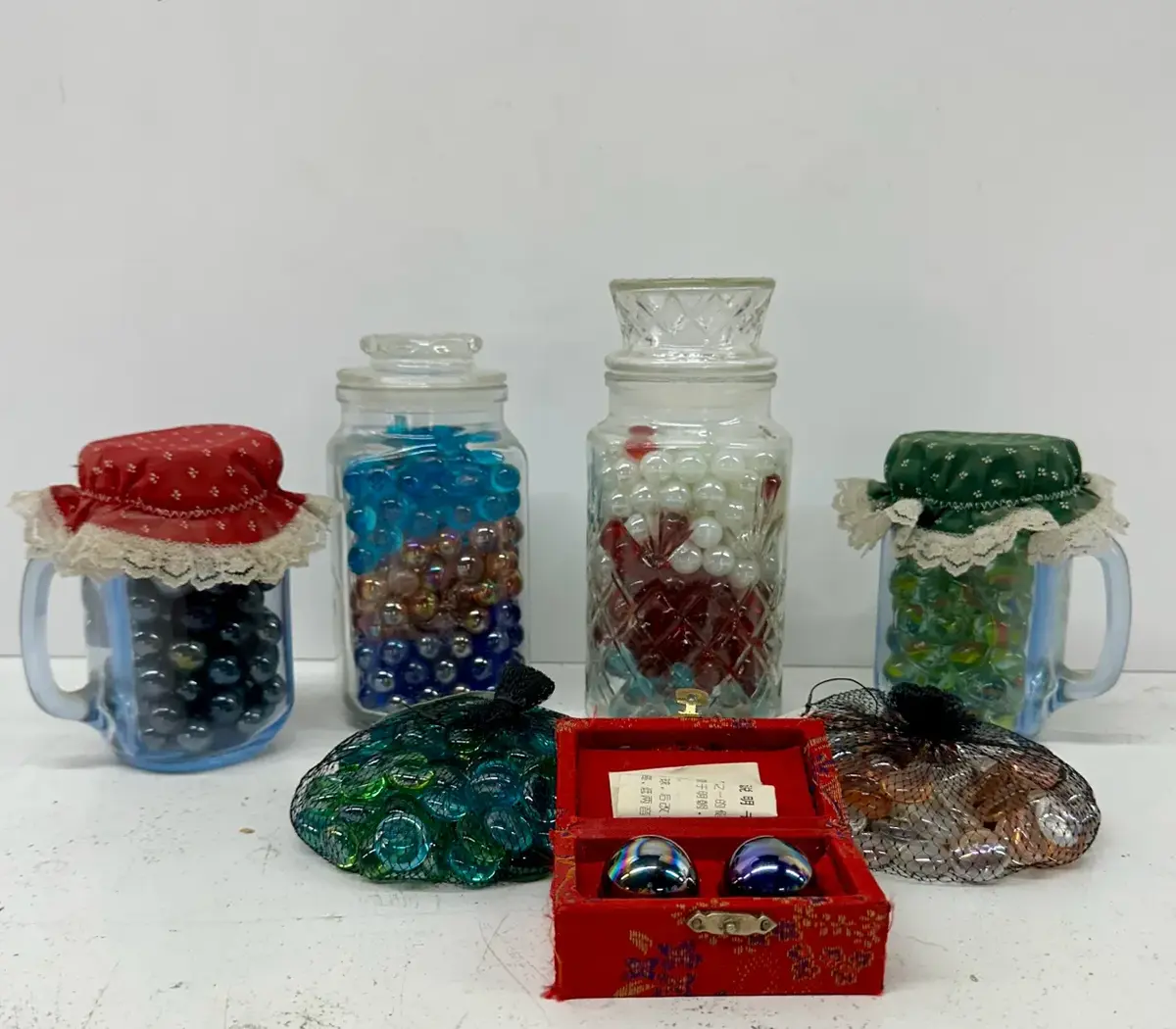 1984 Planters Peanuts Glass Jar, Vintage Marbles, Baoding Balls & Glass Gems 