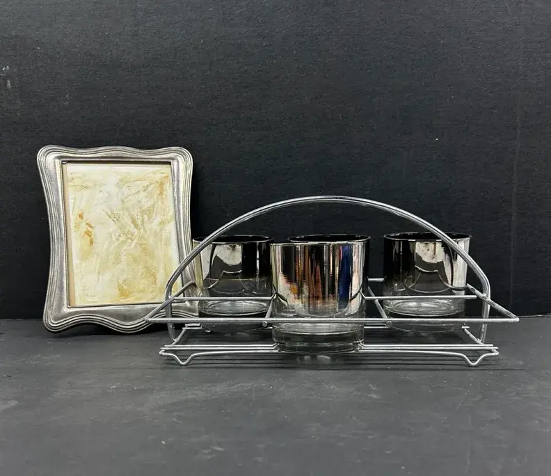 MCM Libbey Silvered Glass Tumblers W/ Caddy, Silverplated Picture Frame