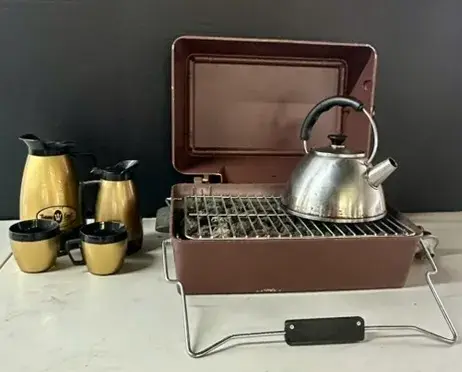 Mid Century Modern Thermo-Serve Insulated Coffee Set & Brown Enamel Portable Gas Grill w/ Other