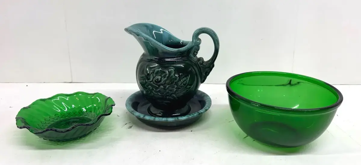 Vintage Hull Pottery Teal Green Drop Glaze Pitcher & Saucer W/ Anchor Hocking Green Glass Candy Bowl