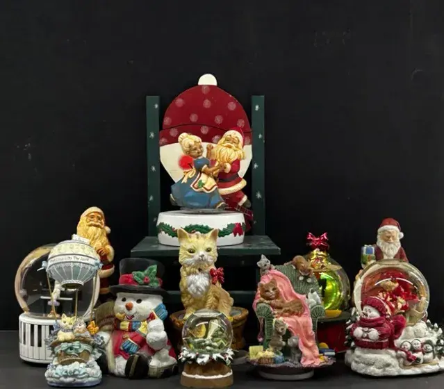 Christmas + Cat Motif Snow Globes, Music Boxes + Doll-Size Snowman Chair