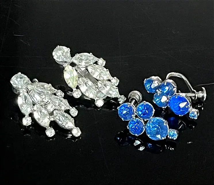Weiss Rhinestone Clipon Earrings and Blue Rhinestone Screwback Earrings