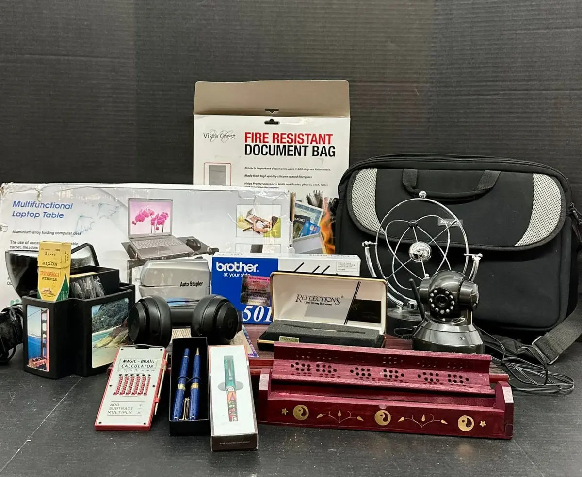 Desktop Office Supplies w/ Laptop Table, Collectible Pens, Fireproof Document Bag and More