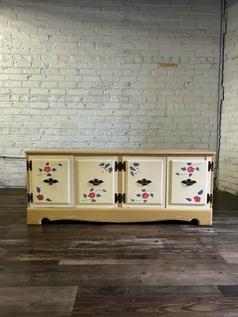 Folk Art Painted Pine Cabinet w/ Floral Design