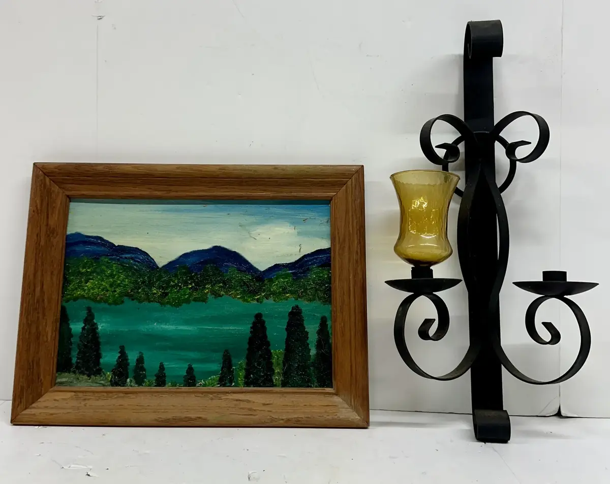 Framed Landscape Oil Painting Unsigned & Black Wrought Iron Wall Scone w/ Amber Glass Globe