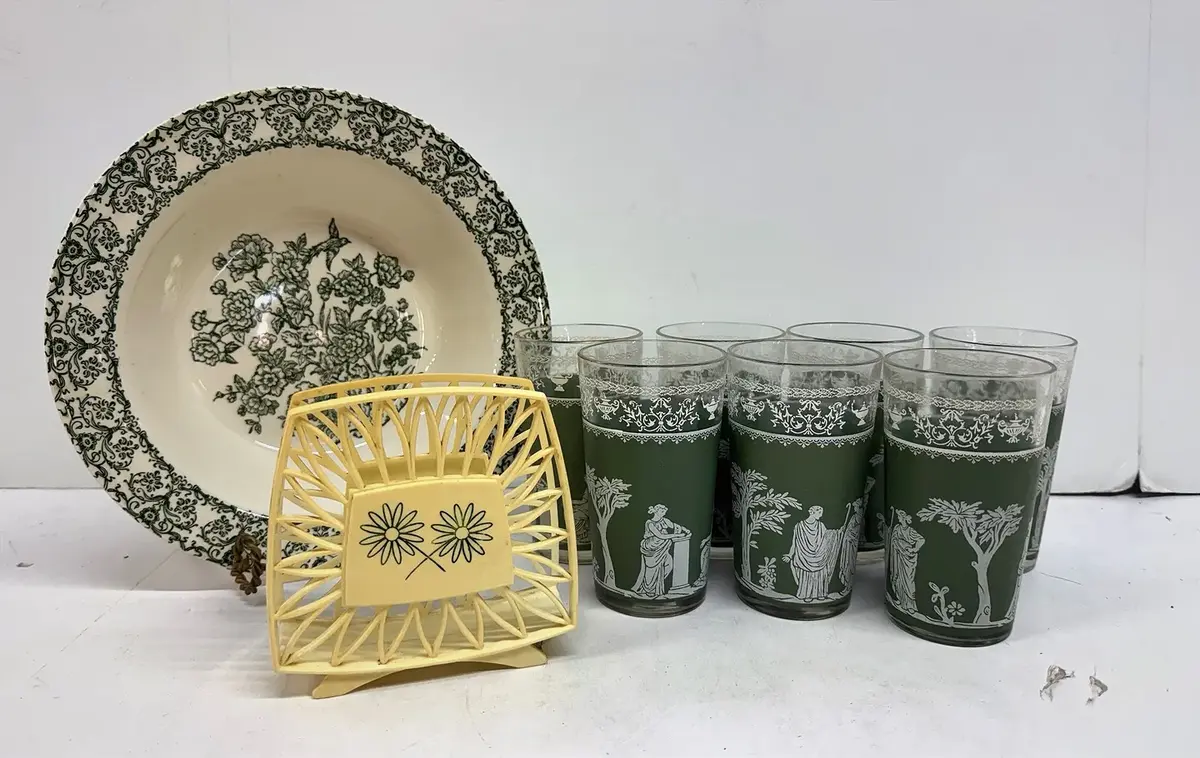 Vintage Set Of 7 Jeanette Glass Co., Greek Jasperware Style Tumblers W/ Royal China Serving Bowl