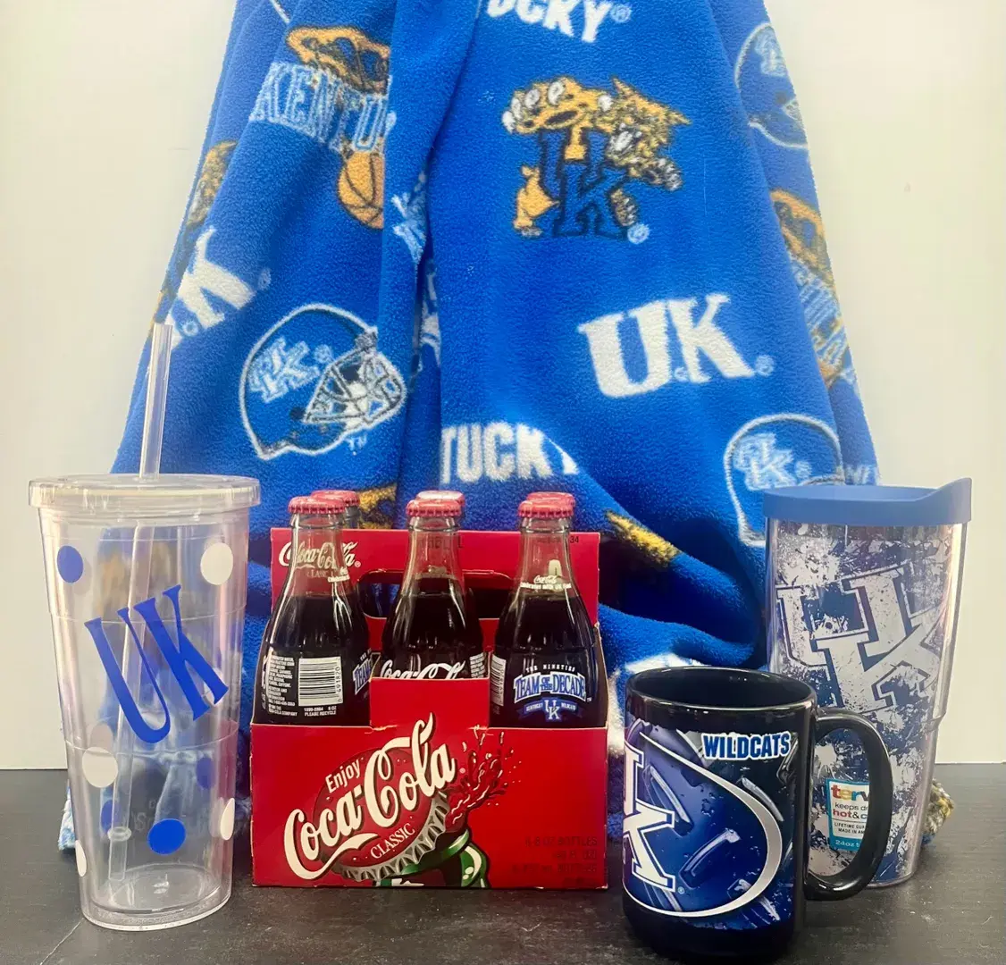 University Of Kentucky Fan Merch W/ Blanket, Cups And Coke Cola Themed Bottles