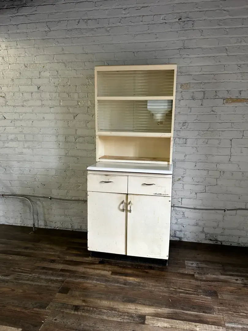 Seller's Cabinet in Chrome Trimmed Cream Wood w/ Enamel Top, Reeded Glass, Flour Sifter, 1930s