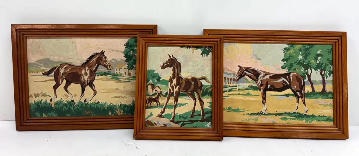 Set Of 3 Mid Century Modern Paint By Numbers Framed Horses