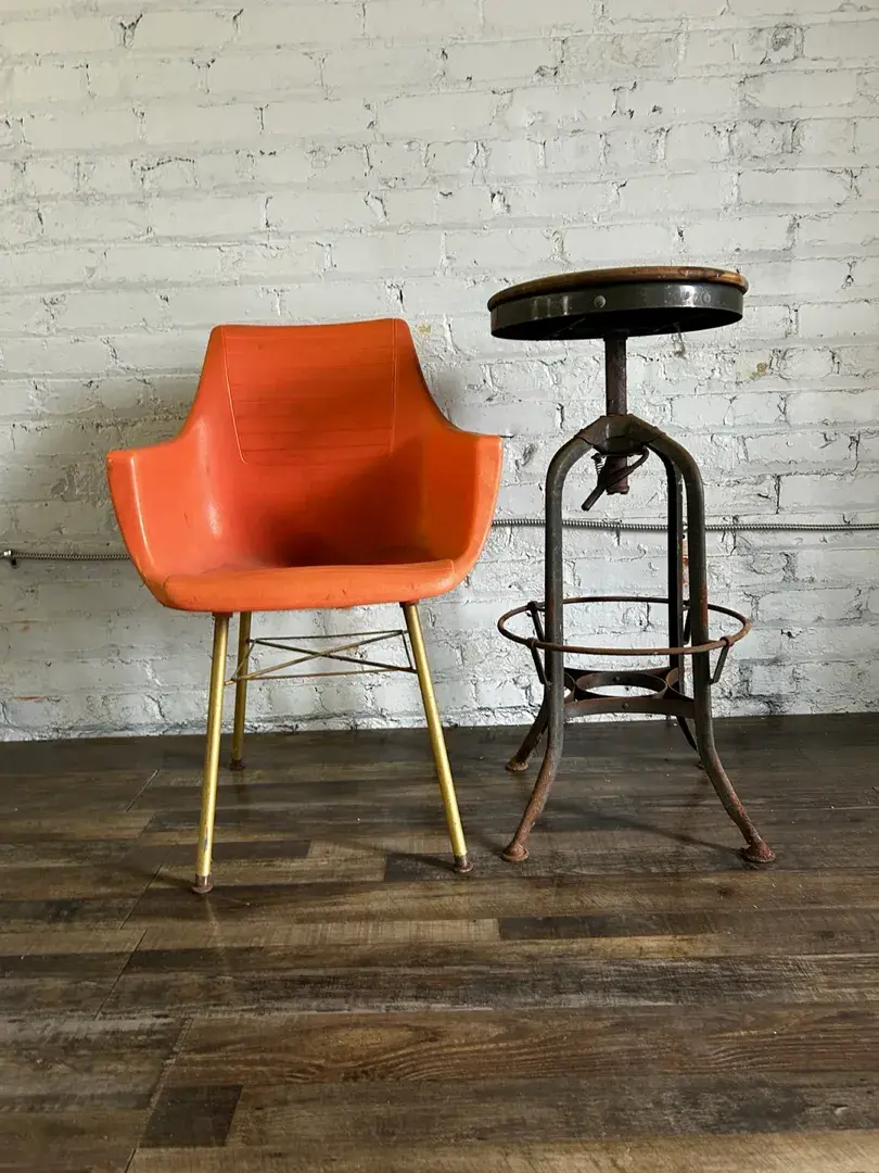 MCM Plastic Shell Chair w/ Vintage Industrial Steel Stool