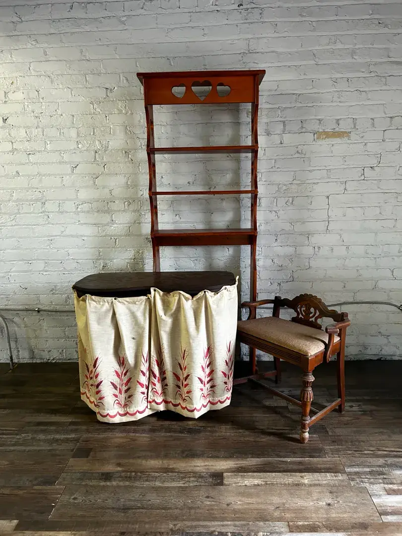 Vintage Vanity Table, Chair, Pine Country Style Etagere