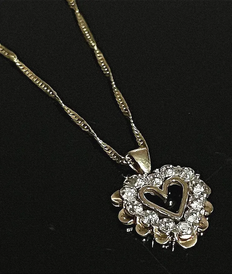 14K Yellow Gold Chain with 10K 3 Diamond Heart Pendant 