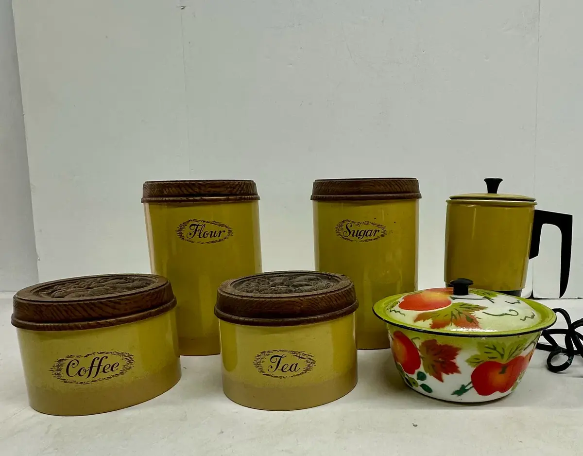Burlington Crafts Harvest Tin Canister Set + Vintage Enamelware Pot w/ Lid & Portable Hot Pot