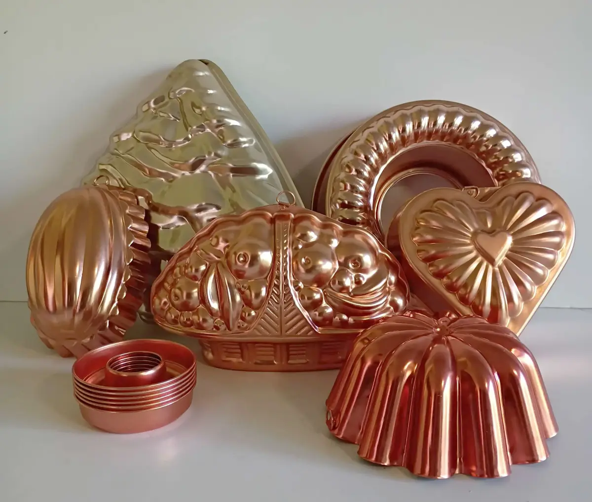 Copper Toned Aluminum Christmas Tree and Fruit Basket Gelatin/Cake Mold Mirro Aluminum Co. + More