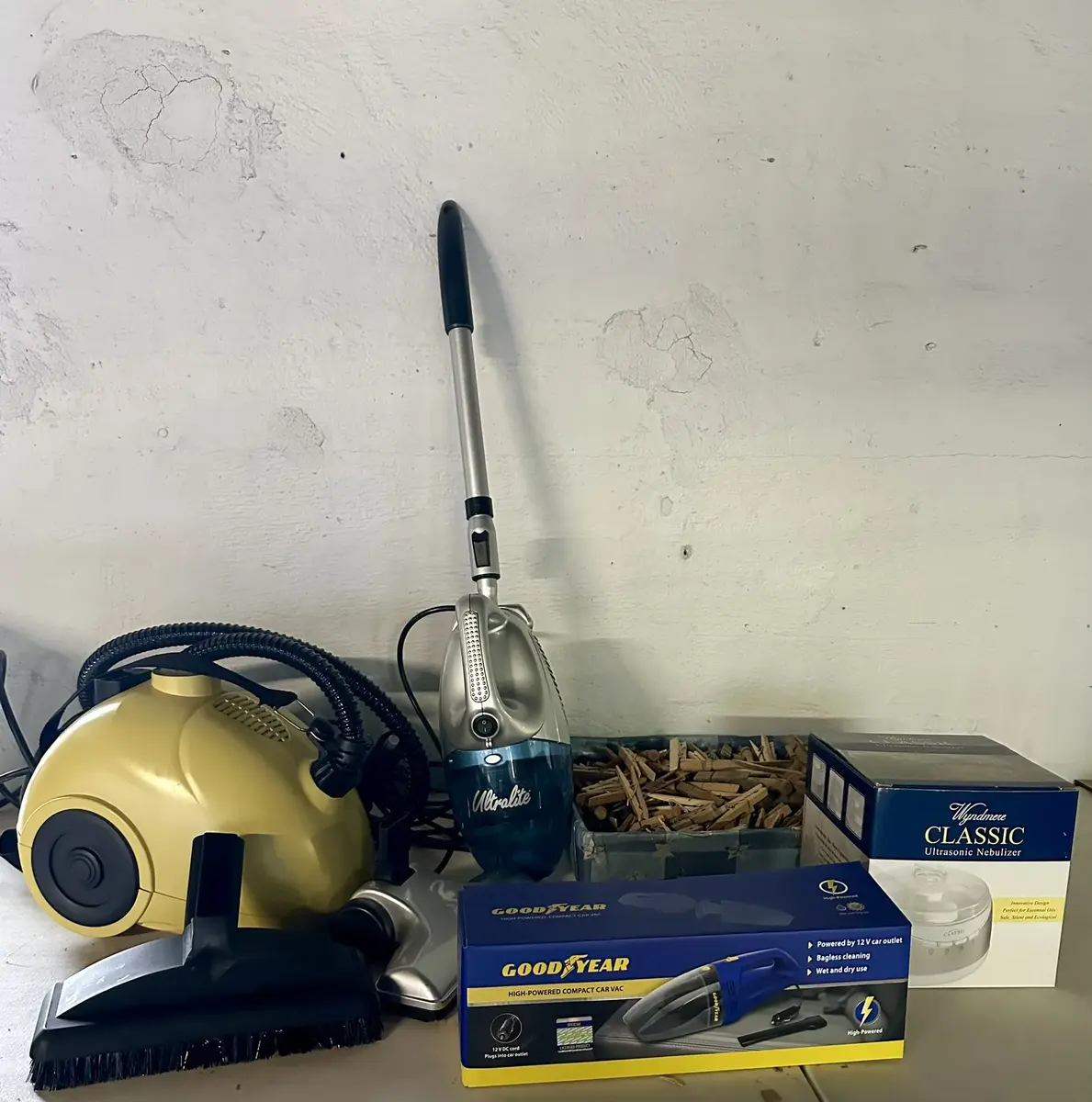 Laundry & Cleaning Helpers w/ Steambuddy, Qualtex Ultralite Vacuum, Vintage & Newe Clothespins +