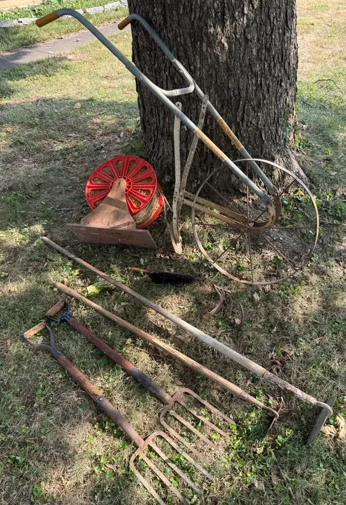 Rustic Garden/Farm Tools W/ Walk-Behind Cultivator, Forks, Rope Spool ++