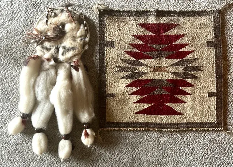 Native American Carded Wool and Fur Wallhanging and Woven Wool Rug