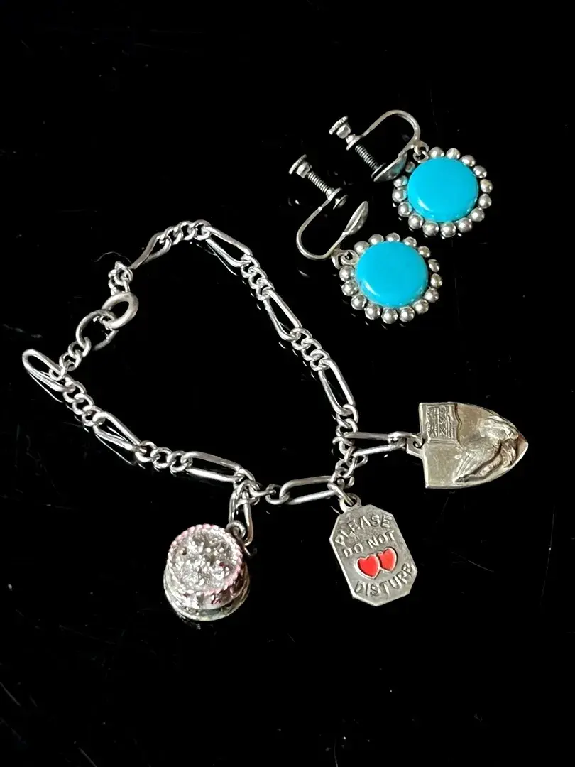 Sterling Silver Aqua Stone Screwback Earrings, Charm Bracelet with Sterling Charm