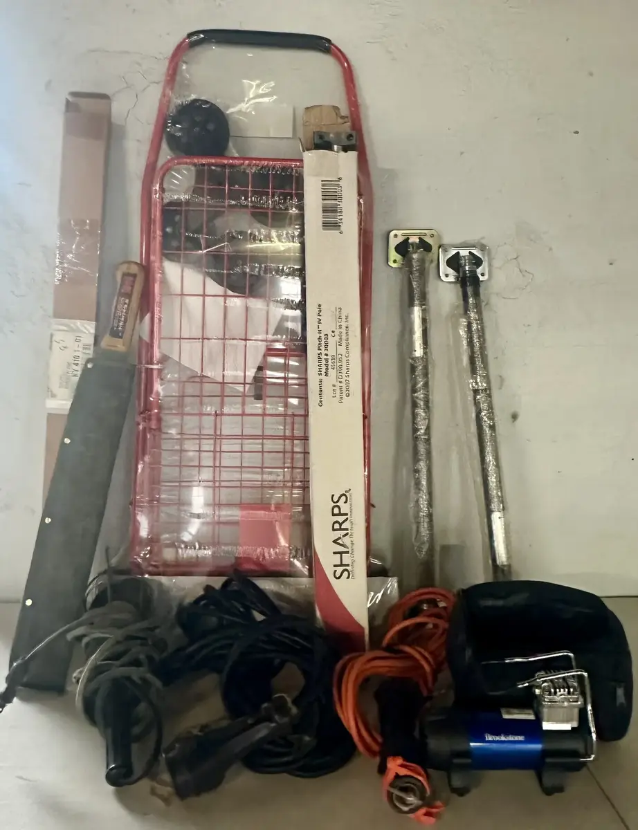 Garage Finds w/ NIB Metal Foldable Cart, Tension Rods, Machete, Portable Air Compressor, Water Jet++