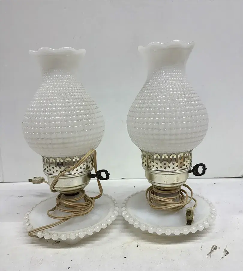Vintage White Milk Glass Hobnail Electric Hurricane Lamps