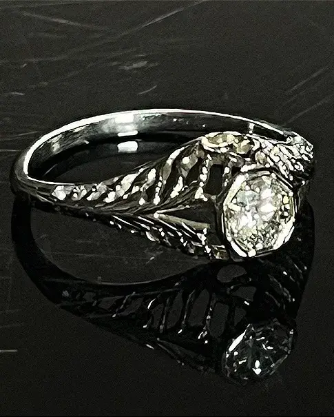 18K White Gold Diamond Filigree Ring, Antique 