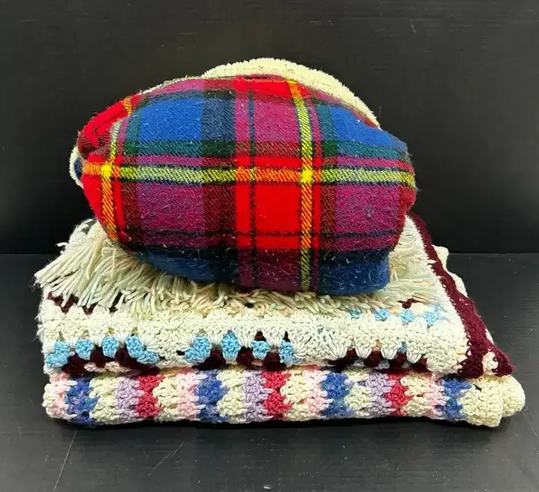 Vintage Acrylic Fleece Blanket And Crocheted Blankets 