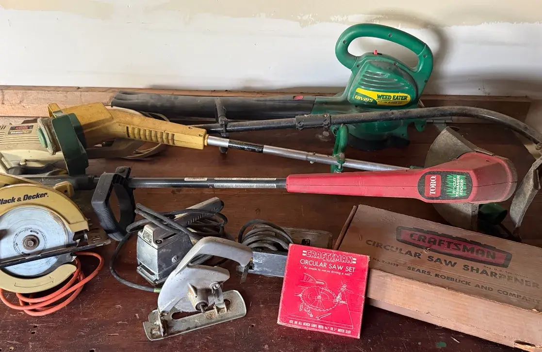 Power Tools (6+) With Electric Trimmers, Blower, Saws & Accessories