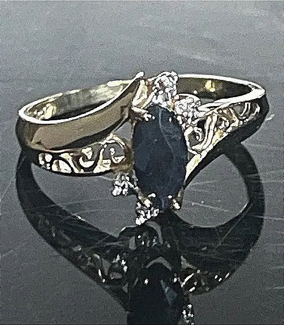 10K Yellow Gold Genuine Marquise Blue Sapphire Filigree Ring