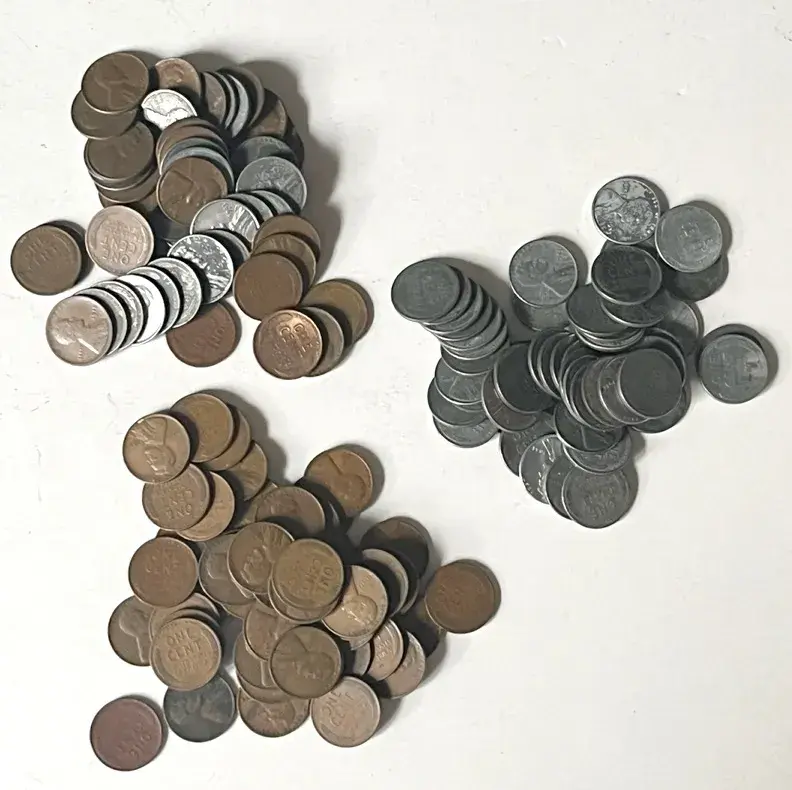 150 Wheat Pennies with 75 WWII Steel, 75 Copper