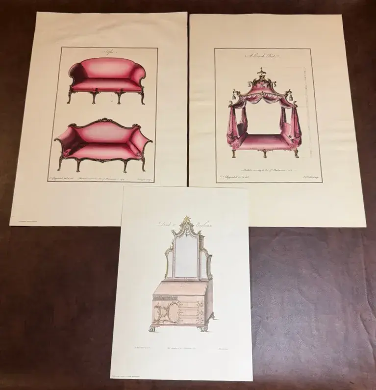 3 Vintage Prints On Thomas Chippendale Furniture Design