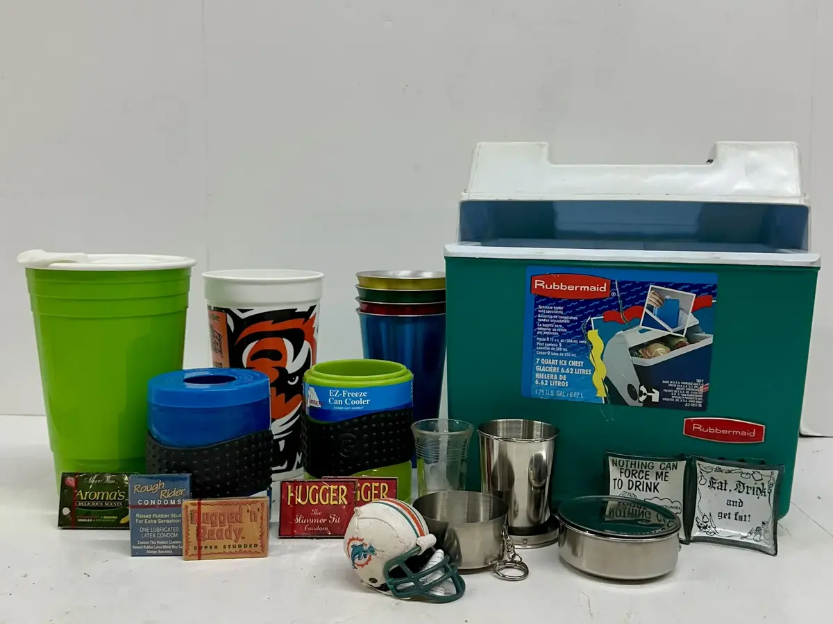 Vintage Football & Fun - Unopened Novelty Condoms, Mini Miami Dolphins Helmet, Aluminum Tumblers +++