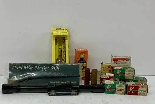 .22 Long Rifle Ammo, Black Rifle Scope & Collectible Civil War Model Rifle w/ Gun Cleaning Supplies