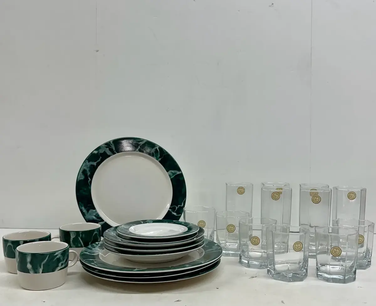 Newcor Green Marble Effect Dinnerware & Turkish Crystal Clear Highball and Lowball Glassware Set   