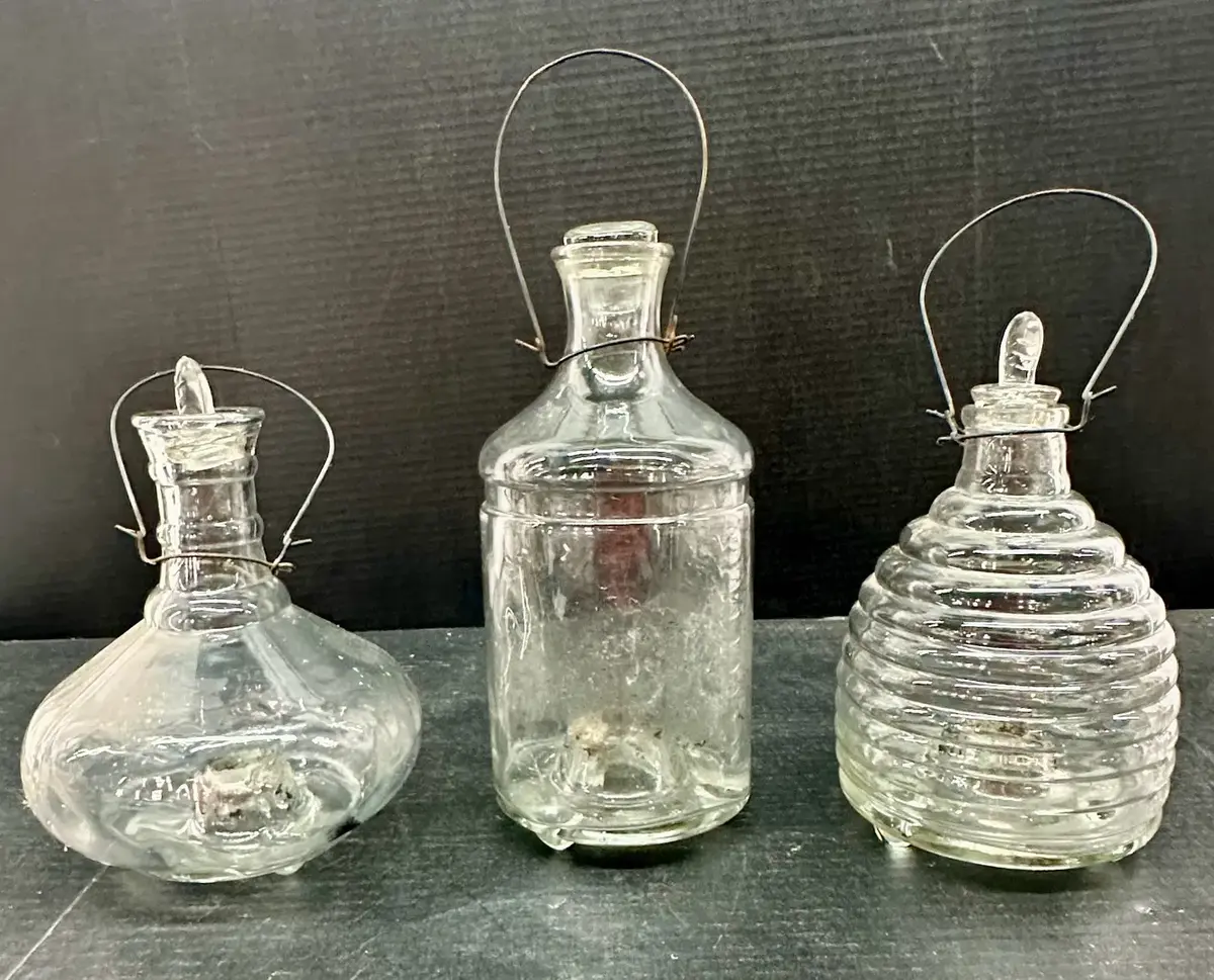 Trio of Glass Insect Traps w/ Lids And Wire Hangers