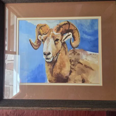 Sale Photo Thumbnail #92: Framed watercolor painting of a bighorn sheep by artist Dave Powell, dated 1975, presented in a rustic wooden frame with a brown mat.