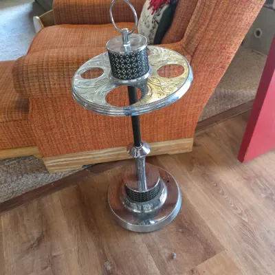 Sale Photo Thumbnail #86: Vintage mid-century modern chrome and wood drink stand with a carrying handle and three glass holders.