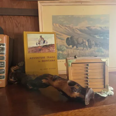 Sale Photo Thumbnail #94: Western-themed decor including a framed print of bison, a copy of "Adventure Trails in Montana" by John Willard, a wooden coaster set, and a polished piece of driftwood.