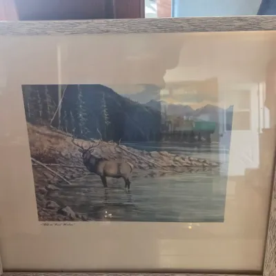 Sale Photo Thumbnail #14: Framed and matted wildlife art print titled "Elk in Cool Water," depicting a bull elk standing in a mountain lake, housed in a rustic textured frame.
