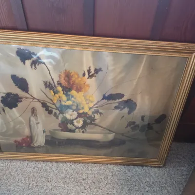 Sale Photo Thumbnail #78: Mid-century framed still life print depicting an Asian-inspired floral arrangement with a Guanyin figurine, housed in a gilded wood frame.