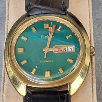 Vintage CLEBAR 17 Jewels Incabloc Day-Date Swiss Wristwatch 