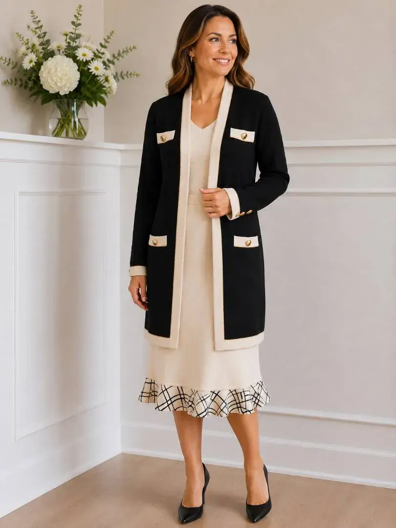 St. John Collection Black & Cream Knit Coat & Skirt – Sizes P & 12