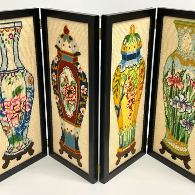 Sale Photo Thumbnail #86: Vintage four-panel folding tabletop screen featuring needlepoint depictions of colorful Asian-style vases in black wooden frames.