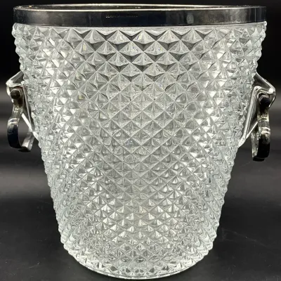 Sale Photo Thumbnail #28: Vintage diamond-cut crystal ice bucket featuring a silver-plated rim and matching side handles.