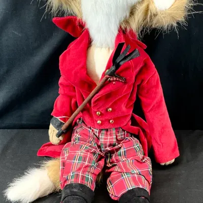 Sale Photo Thumbnail #8: Vintage plush fox doll dressed in a red velvet riding jacket, plaid trousers, and black boots, holding a miniature riding crop.
