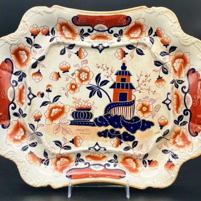 Sale Photo Thumbnail #53: Antique Mason's Ironstone serving tray in the 'Double Landscape' pattern, featuring a scalloped rim, ornate handles, and vibrant Imari-style orange and cobalt blue hand-painted details.