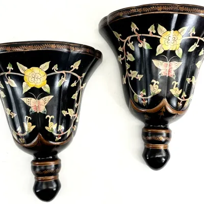 Sale Photo Thumbnail #42: Pair of vintage black lacquer wall pocket planters featuring hand-painted yellow flowers and butterflies with gold accents.