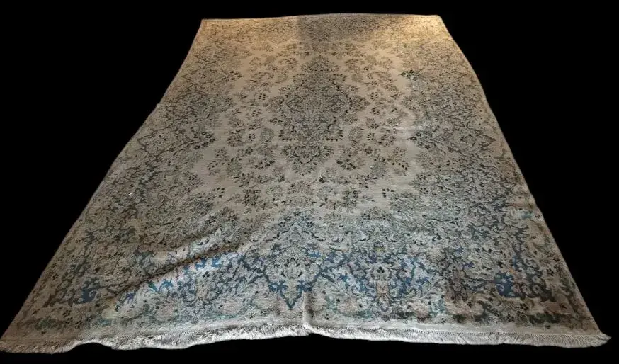 Vintage Hand-Woven Persian Rug, 100% Wool, Made in Iran, Ivory Floral Kerman-Style Design