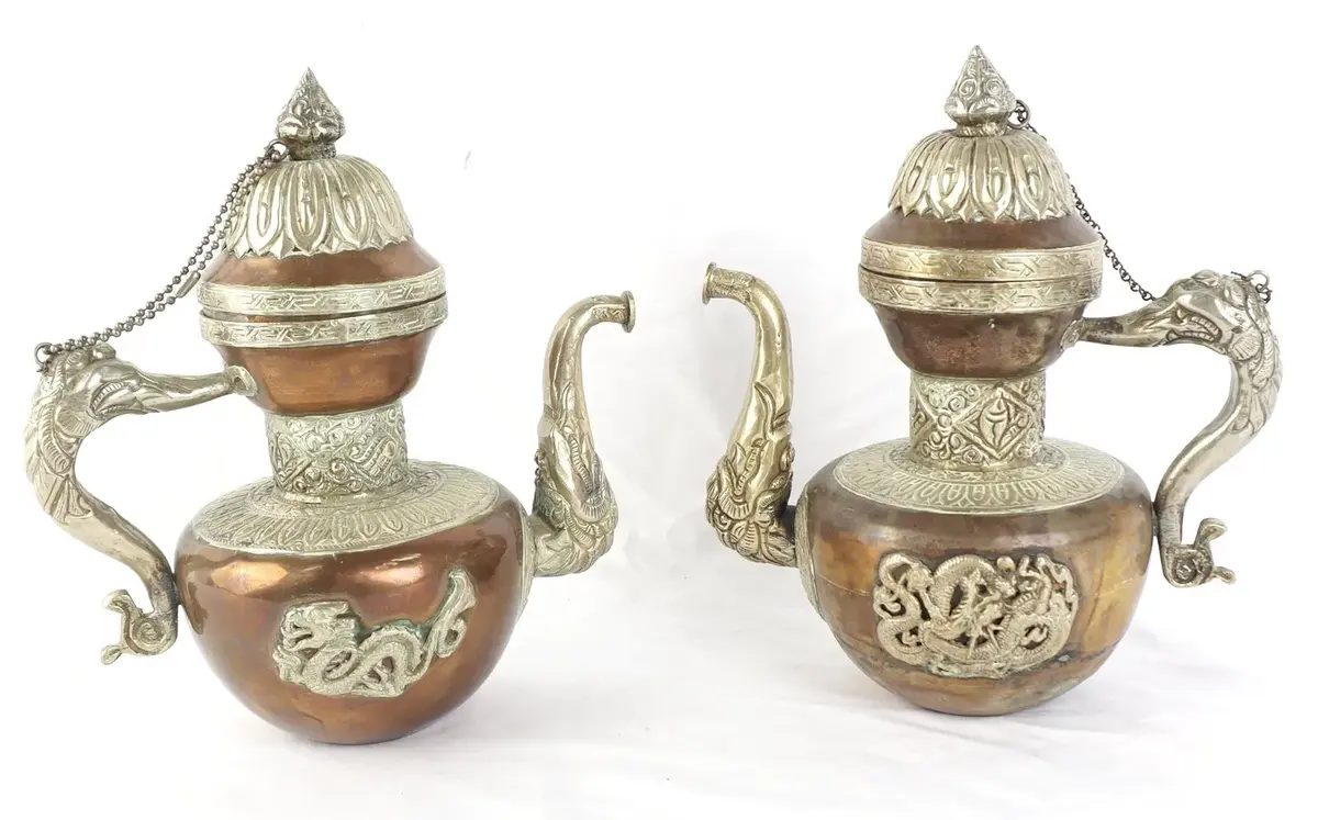 Vintage Tibetan Copper Ritual Teapots With Dragon And Scroll Silver-Tone Mounts