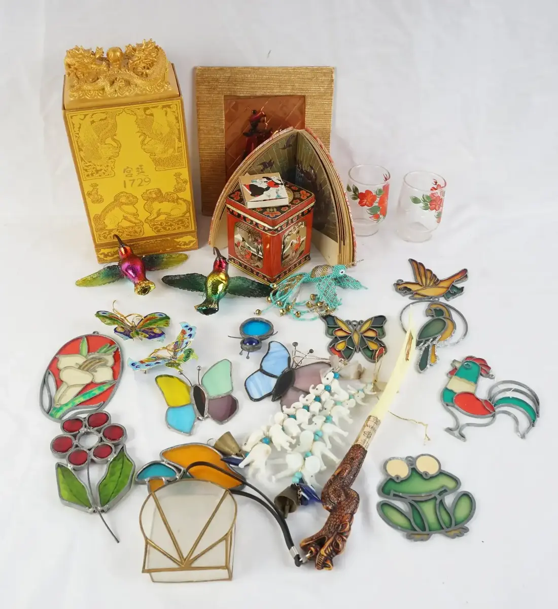 Mixed Asian and Global Decor: Painted Fans of Japan Book, Stained Glass Suncatchers, Tiles